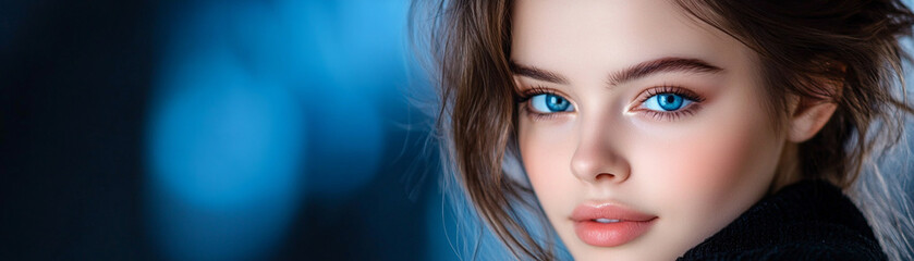 Fototapeta premium A portrait of a young woman with captivating blue eyes, radiating beauty and confidence.