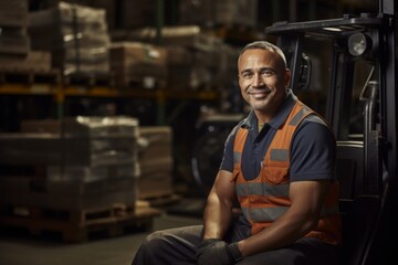 Obraz premium Portrait of a Hispanic middle aged worker leaning on pallet in warehouse