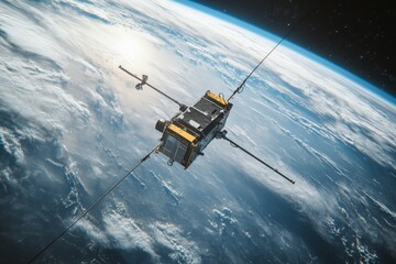 Naklejka premium Satellite orbiting above the Earth with stunning blue atmosphere