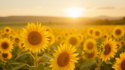 Fototapeta premium Bright Sunflowers in a Field Under Warm Sunset Light