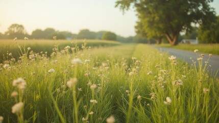 Serene Landscape with Wildflowers and Soft Morning Light