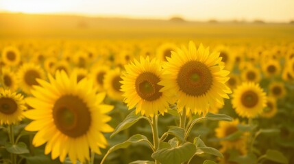 Obraz premium Bright Sunflower Field Under Warm Sunrise Glow in Rural Landscape