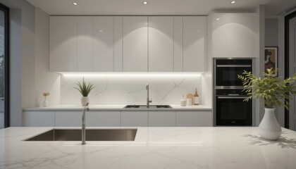 Modern white kitchen with marble countertops and sleek cabinets in contemporary design