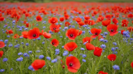 Vibrant Red Poppies and Blue Cornflowers in a Blooming Field