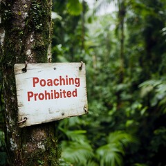 Warning sign for wildlife protection tropical forest nature photography lush environment close-up view