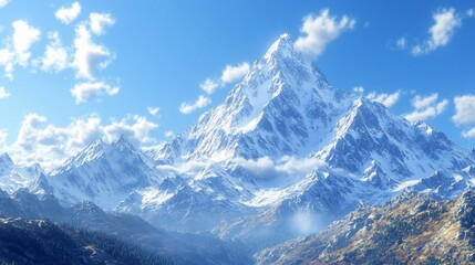 Obraz premium Majestic snow-capped peak, sunny valley, clouds