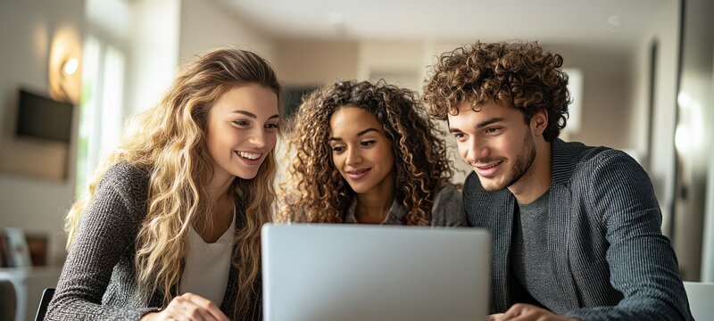 Three people are looking at a laptop together