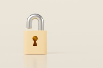 3d Yellow Padlock icon. Data protection, private access, password security access, privacy protection. Security concept. Minimal Cartoon Unlocked Padlock isolated on transparent background. 3d render.