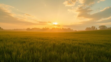 Scenic Sunrise over Lush Green Fields and Gentle Misty Horizon