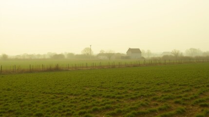 Serene Landscape with Foggy Atmosphere and Green Meadow View
