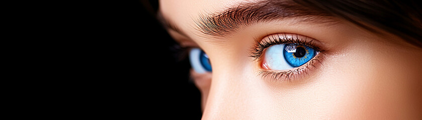 Obraz premium Close-up of a person's eye displaying vibrant blue color against a dark background.
