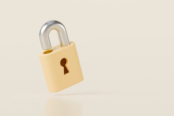 3d Yellow Padlock icon. Data protection, private access, password security access, privacy protection. Security concept. Minimal Cartoon Unlocked Padlock isolated on transparent background. 3d render.