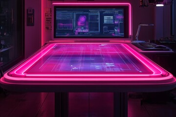 Vibrant neon-lit bar with pink and purple accents