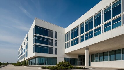 Contemporary Office Building with Reflective Glass Facade, A modern office structure featuring expansive glass windows and minimalist design, suitable for corporate ventures.