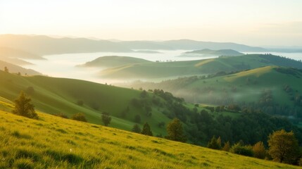 Serene Morning Landscape with Rolling Hills and Misty Valley View