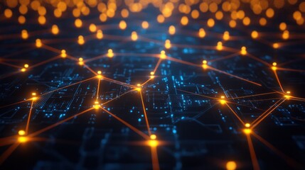 Fototapeta premium Abstract representation of a digital network with glowing nodes and interconnected lines in a dark setting