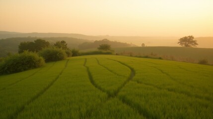 Obraz premium Serene Sunrise Over Lush Green Rice Fields with Misty Horizon