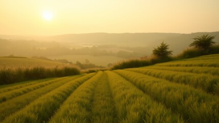 Obraz premium Golden Sunrise Over Lush Green Fields and Rolling Hills