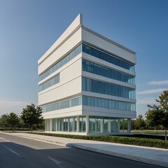 Contemporary Office Building with Reflective Glass Facade, A modern office structure featuring expansive glass windows and minimalist design, suitable for corporate ventures.