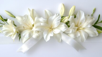 Obraz premium Elegant White Lilies with Silver Ribbon Ornament on White Background