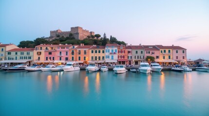 Obraz premium Serene Coastal Village with Colorful Buildings and Calm Waters