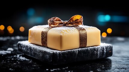 Elegant Gift Shaped Cake Warm Golden Light. AI Generated