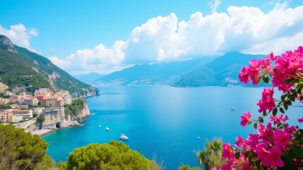 Fototapeta premium Serene Coastal View with Colorful Flowers in Vibrant Landscape