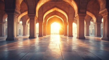 Fototapeta premium Ancient mosque interior, sunlight streams, worshippers pray, historical architecture