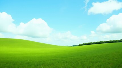 Obraz premium Lush Green Fields Under Blue Sky with Fluffy White Clouds