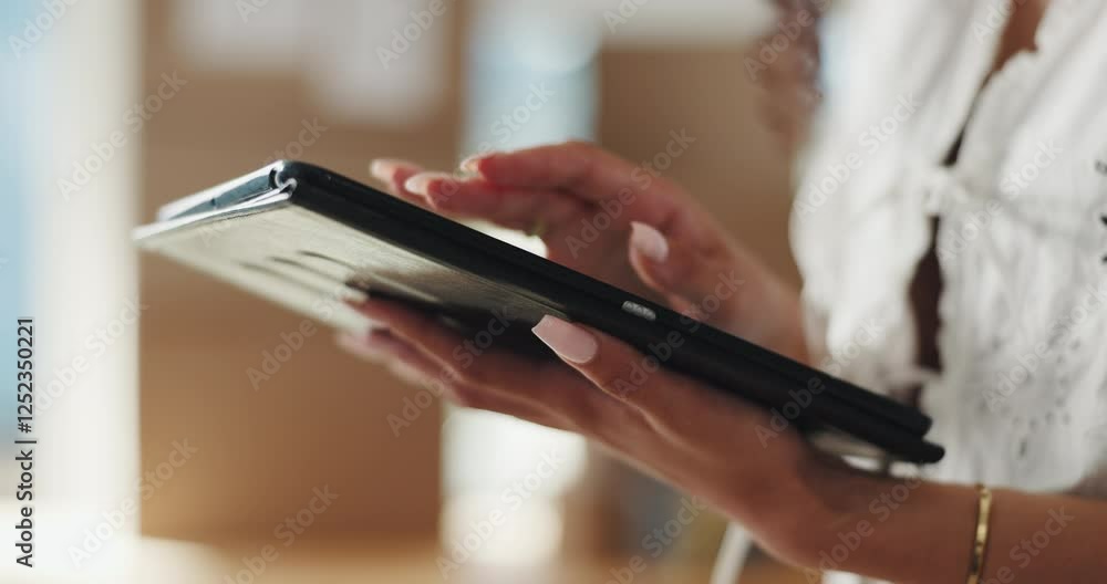 Poster hands, supply chain and tablet with person closeup on website for management or tracking of online o