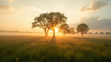 Serene Sunrise Over Misty Field with Silhouetted Trees