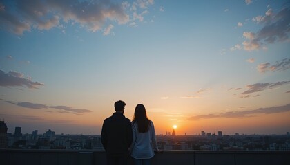 Fototapeta premium Couple watching sunset rooftop photograph urban silhouette love