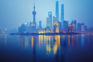 Fototapeta premium Cityscape of a modern metropolis with a river and skyscrapers at sunset