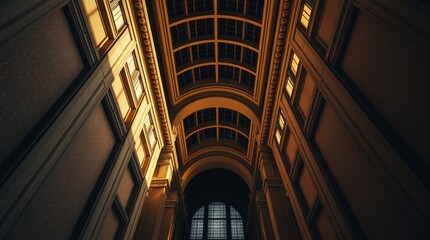 Grand Architectural Hallway with Dramatic Lighting