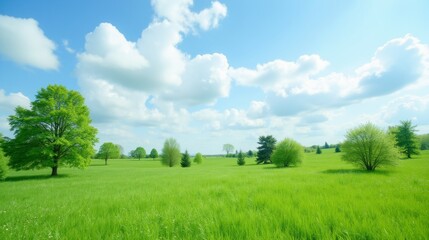 Obraz premium Vibrant Green Meadow Under Bright Blue Sky with Fluffy Clouds