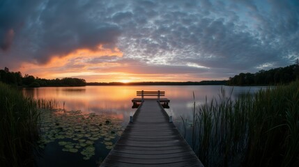 Fototapeta premium Serene Sunset Over a Tranquil Lake with a Dock and Water Lilies