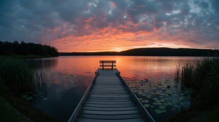 Fototapeta premium Tranquil Sunset Over Calm Lake With Dock and Vibrant Sky Reflections
