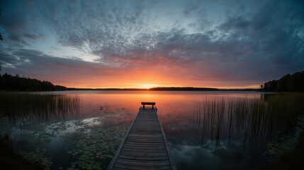 Fototapeta premium Sunset over Calm Lake with Pier and Lush Greenery in Background