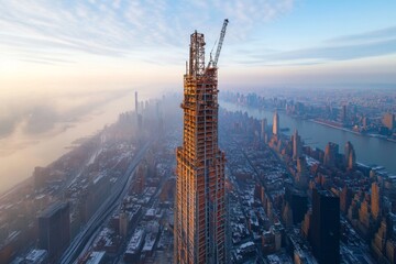 Naklejka premium Skyscraper under construction at sunrise