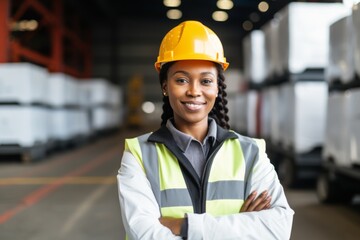 Portrait of a confident African American woman wearing reflective vest at harbor