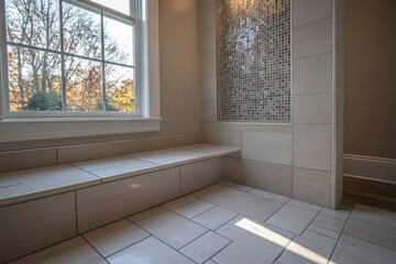 Fototapeta premium Modern bathroom with a large window and sunlight