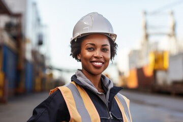Portrait of a confident African American woman wearing reflective vest at harbor
