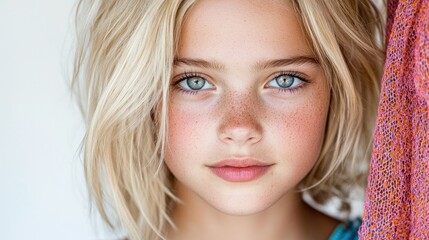 Fototapeta premium Girl with freckles, blonde hair, and blue eyes, close-up portrait