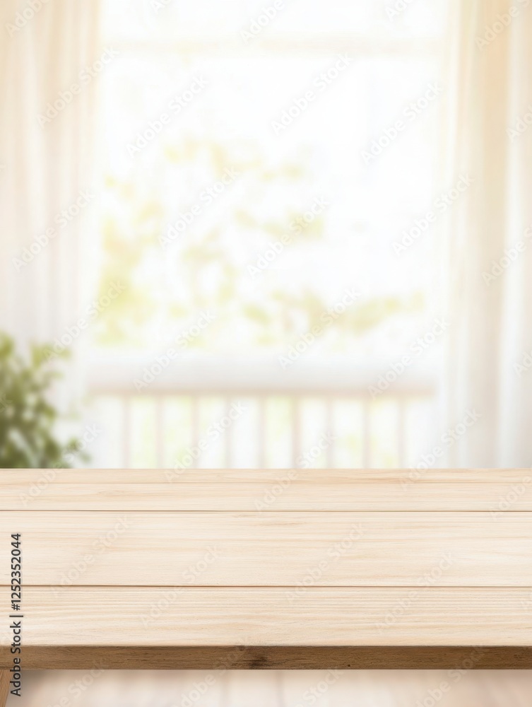 Poster an empty wooden table stands before a bright window, offering a versatile space for various uses.