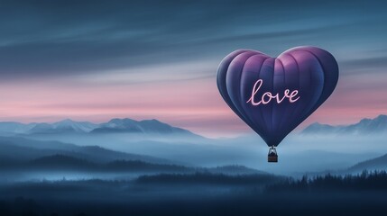 Fototapeta premium Heart-shaped hot air balloon with 'love' inscribed, floating over misty mountains at sunrise. Romantic adventure and serene landscape concept