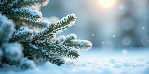 Serene Winter Scene A Close-Up of Snow-Covered Evergreen Branches in Soft, Glowing Light