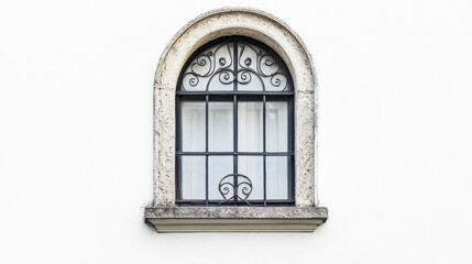 Fototapeta premium Ornate arched window, white wall background, architectural detail, design element