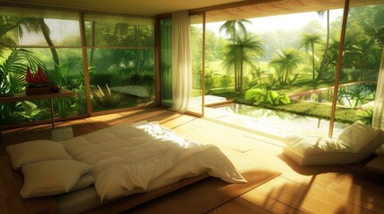 Fototapeta premium Tranquil Tropical Bedroom Oasis: Luxurious Getaway