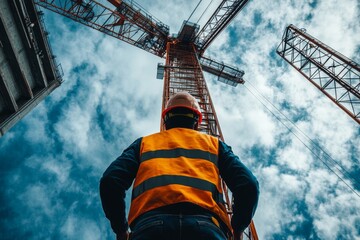 Fototapeta premium Construction worker standing on scaffolding with a bright sky in the background