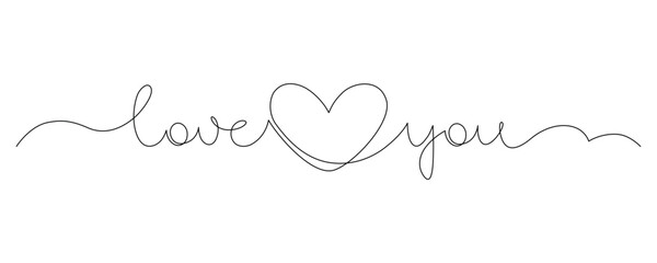 Phrase Love you , drawn with continuous line hand lettering, word, handwriting, declaration of love, valentine day, heart shape, calligraphy card lettering, one line, editable vector contour